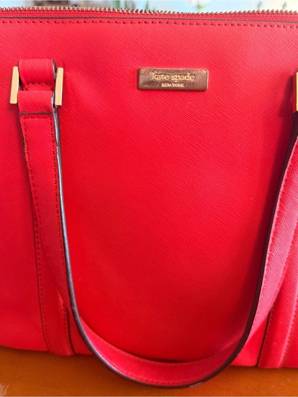 kate spade Red Saffiano Tote with Gold Accents